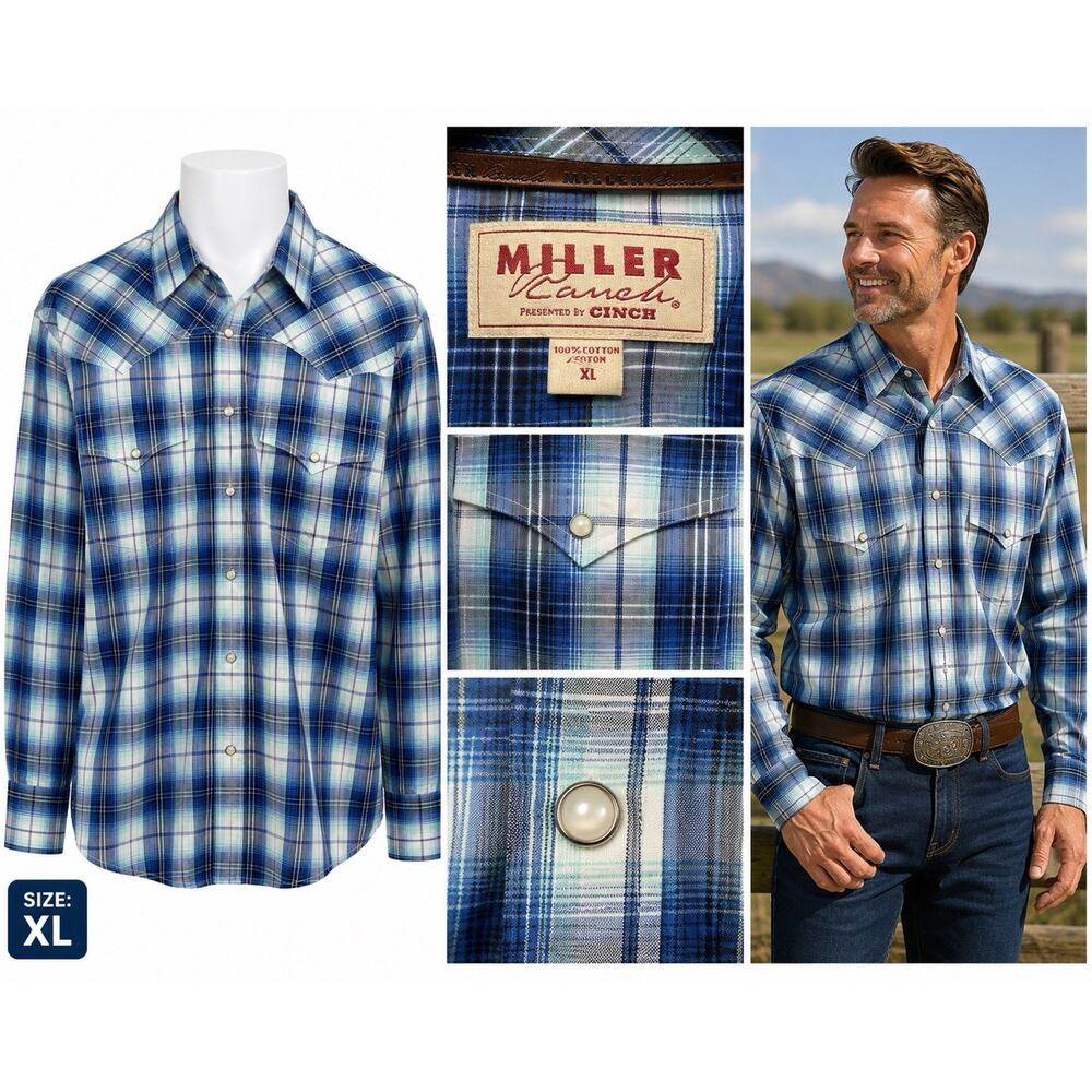 CINCH X Miller Ranch Shirt XL Western Long Sleeve Blue White Pearl Snap Cowboy